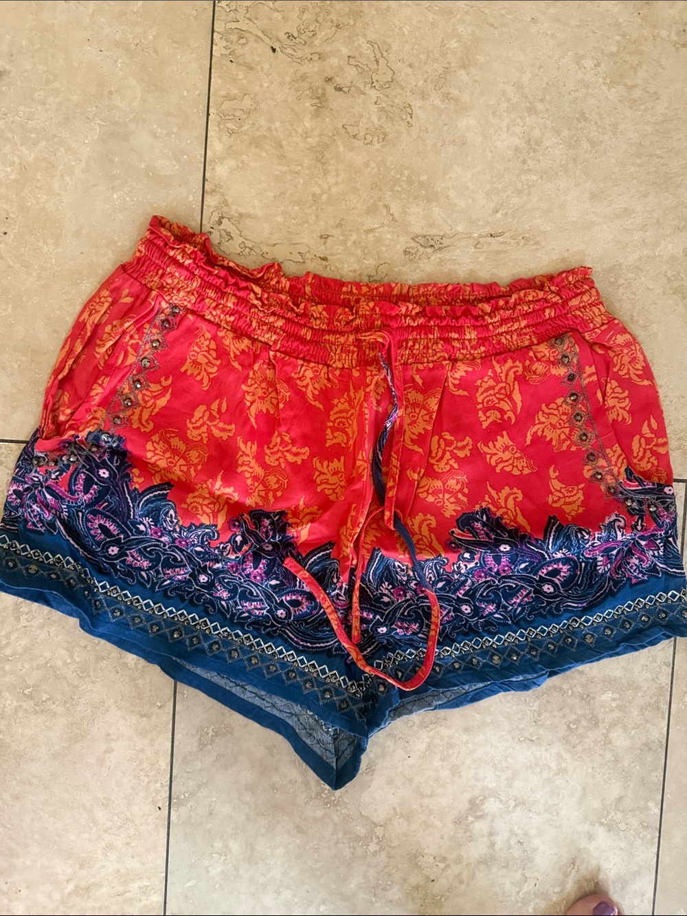 Free People Red and Navy Paisley Satin Lounge Shorts